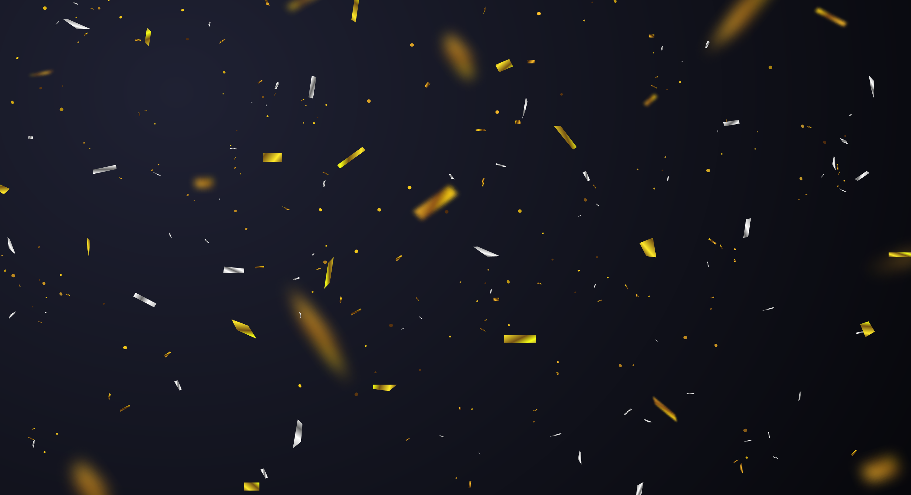 metallic gold and silver confetti on a black background