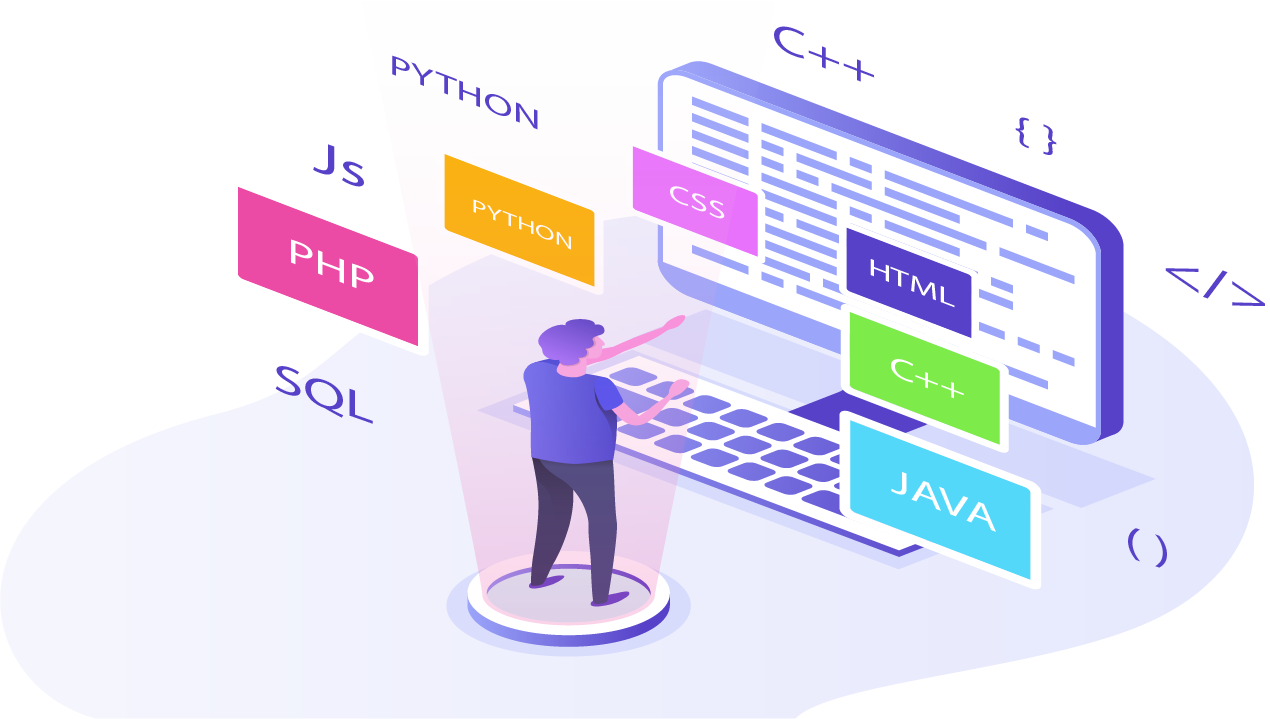 a man facing a computer with various programming languages floating around him